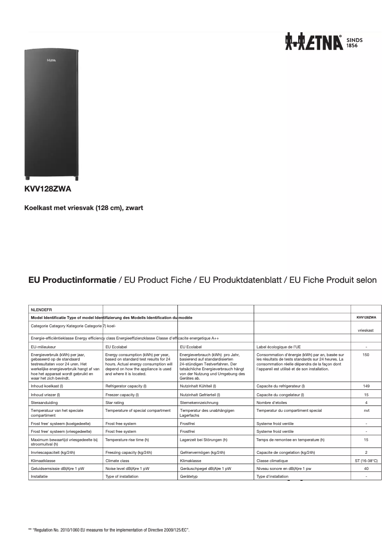 Page 1 de la notice Fiche technique Etna KVV128ZWA
