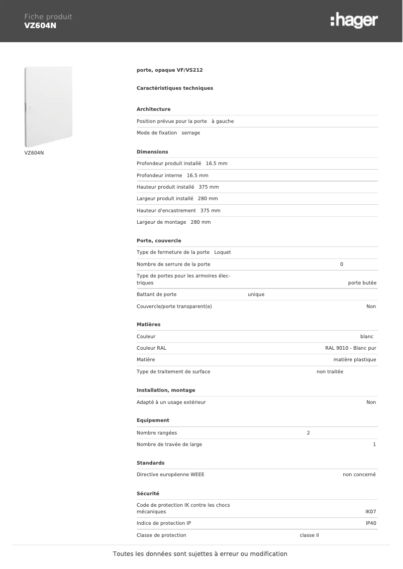Page n°1 - Fiche technique Hager VZ604N