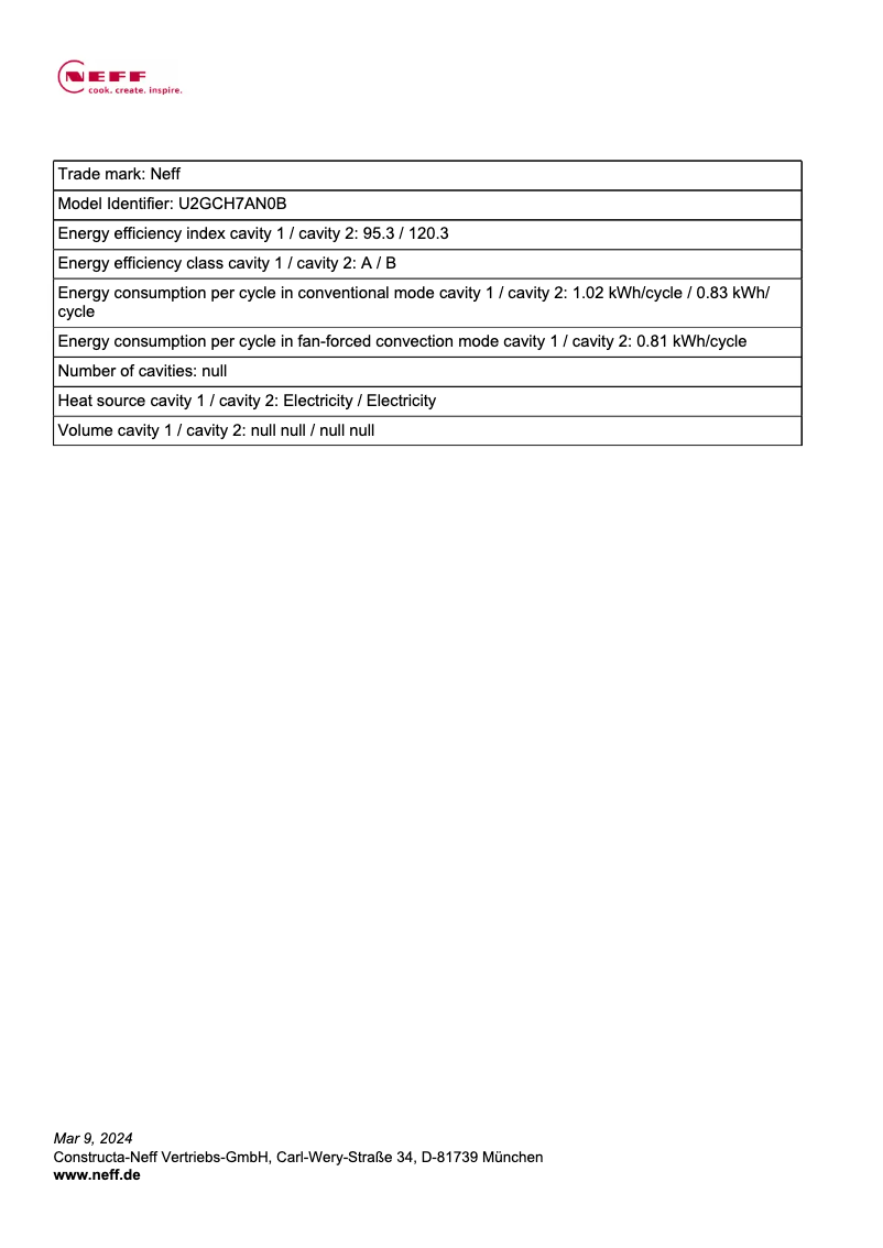 Page 1 de la notice Fiche technique Neff U2GCH7AN0B