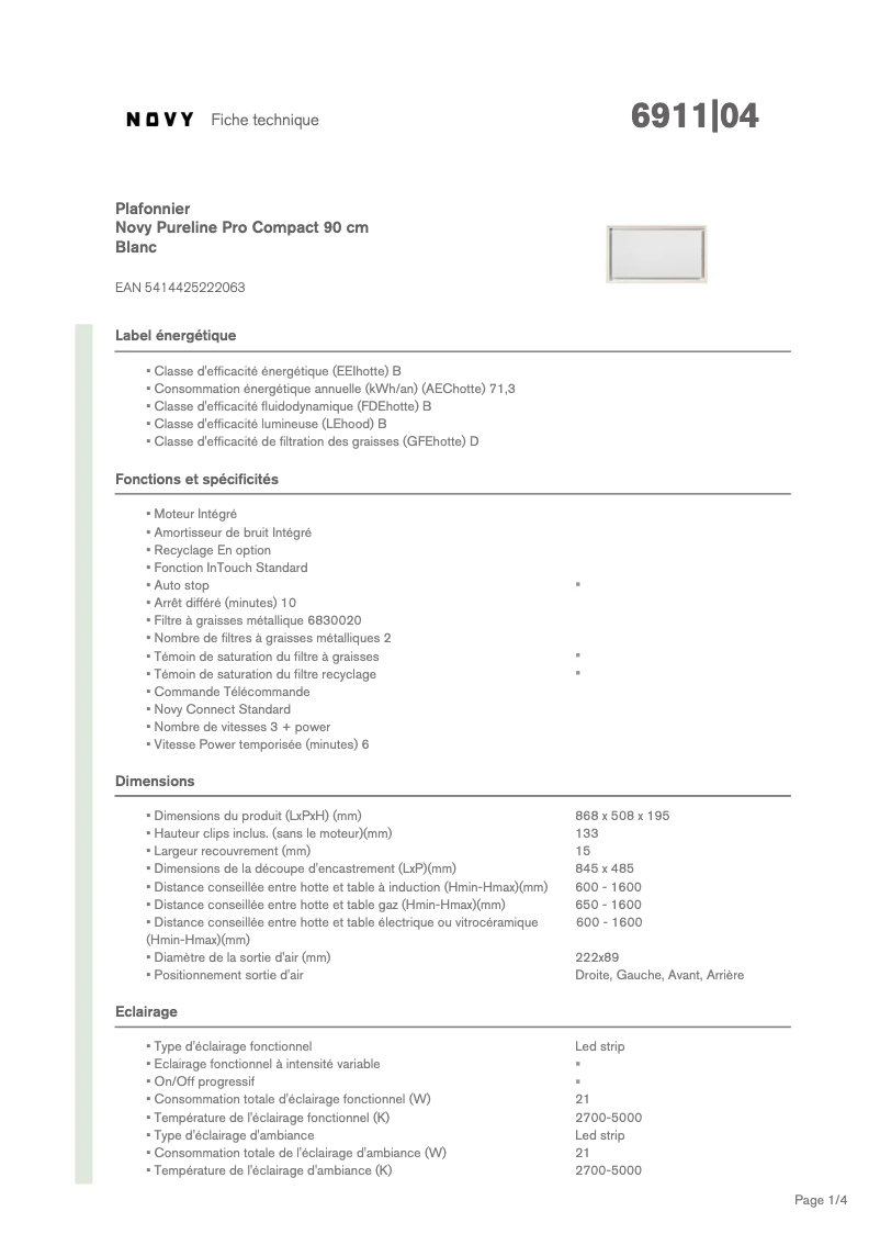 Page n°1 - Fiche technique Novy Pureline Pro Compact 6911