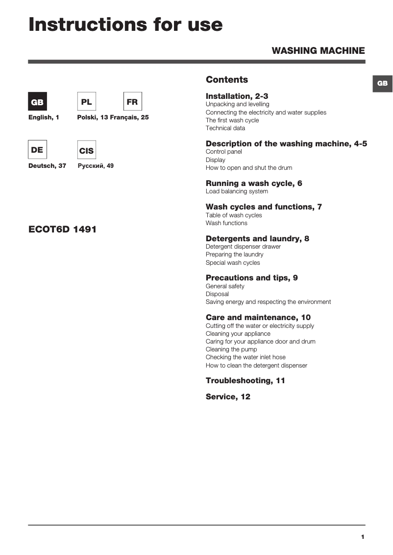 Page 1 de la notice Manuel utilisateur Hotpoint Ariston ECOT6D 1491