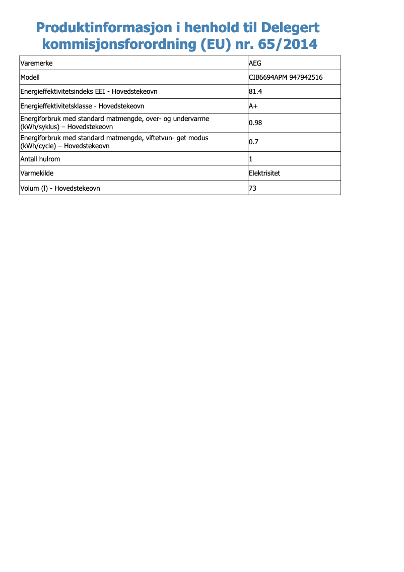 Page 1 de la notice Fiche technique AEG CIB6694APM