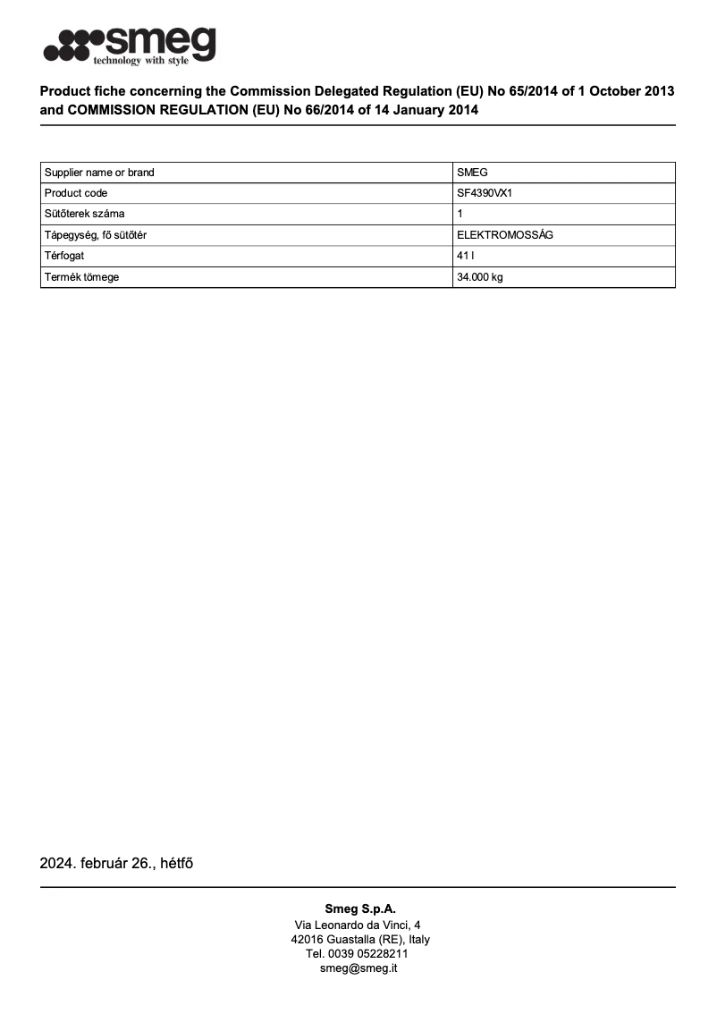 Página 1 del manual Ficha técnica Smeg SF4390VX1