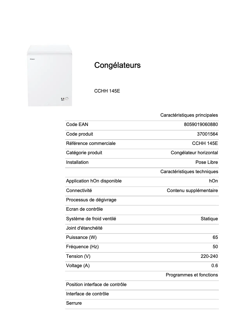 Página 1 del manual Ficha técnica Candy CCHH 145E