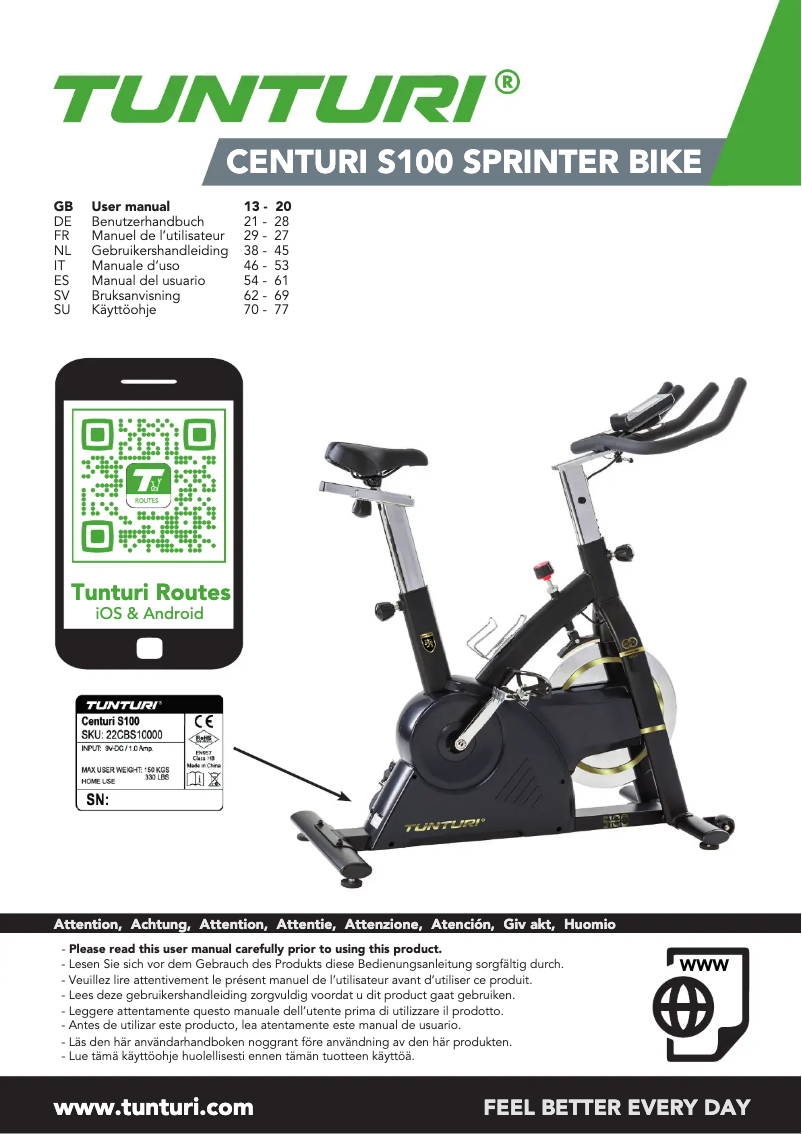 Page n°1 - Manuel utilisateur Tunturi Centuri S100