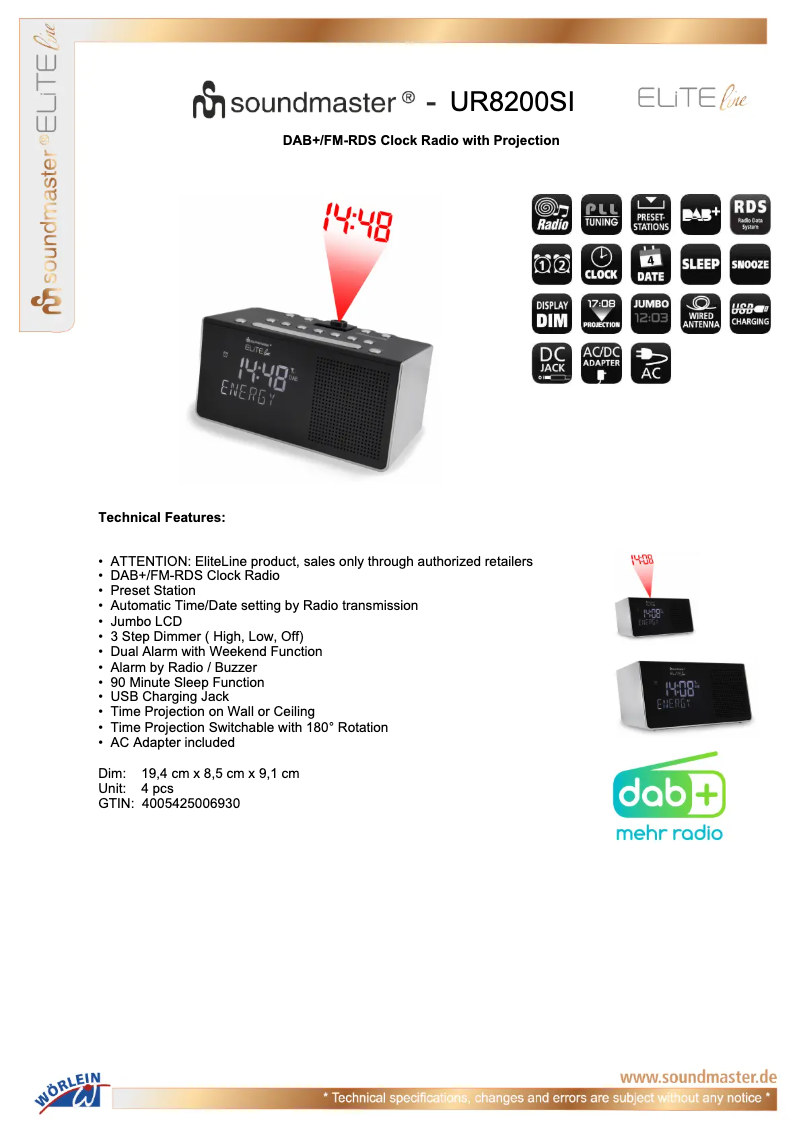 Page 1 de la notice Fiche technique Soundmaster UR8200