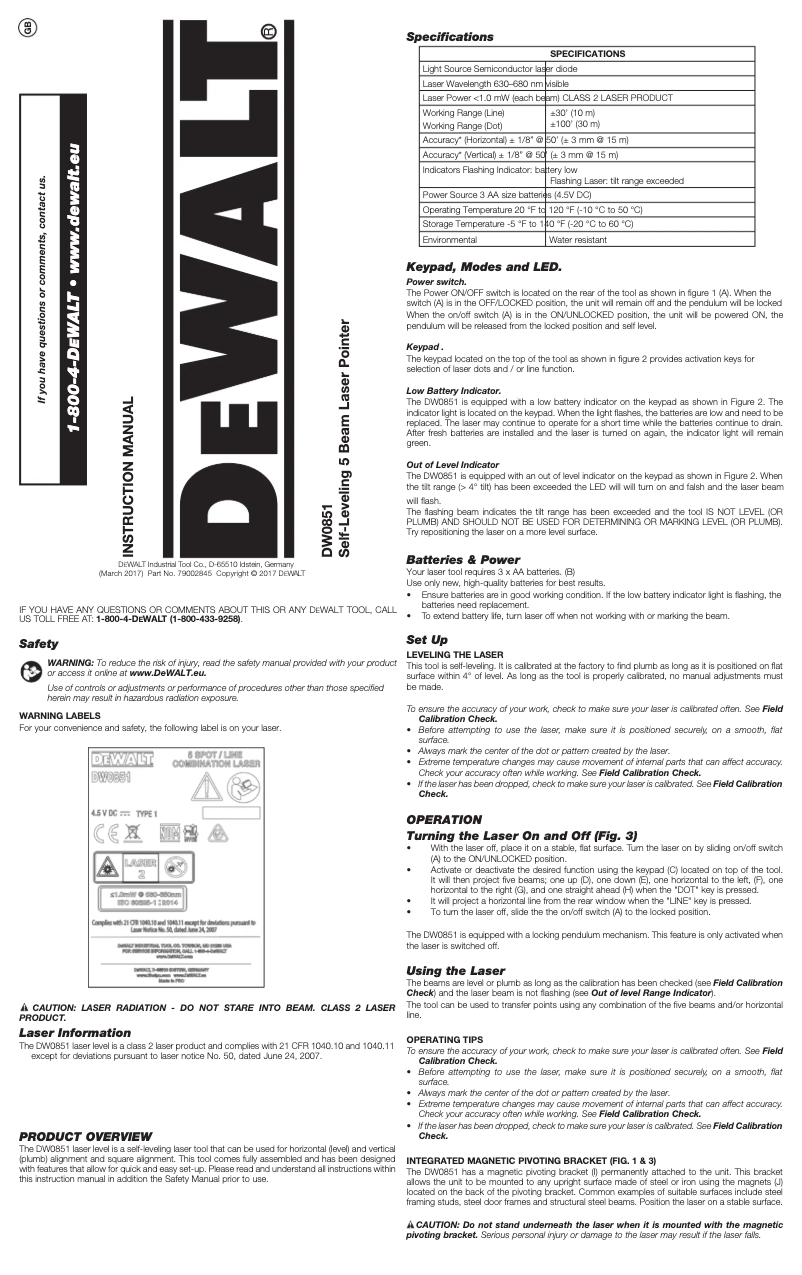 Page 1 de la notice Manuel utilisateur DeWalt DW0851