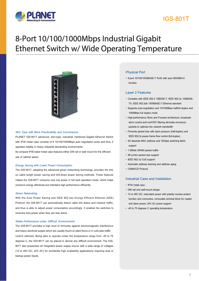 Page n°1 - Fiche technique Planet IGS-801T