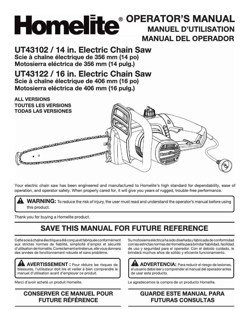 Page n°1 - Manuel utilisateur Homelite UT43122