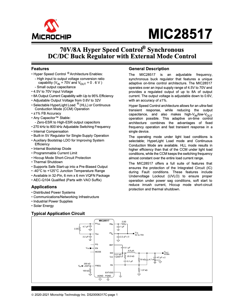 Page 1 de la notice Fiche technique Microchip MIC28517
