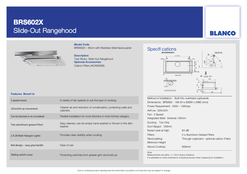 Page 1 de la notice Fiche technique BLANCO BRS602X