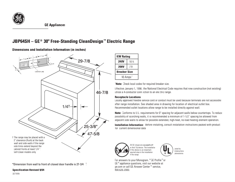 Page 1 of the manual Technical Sheet GE JBP64SHSS