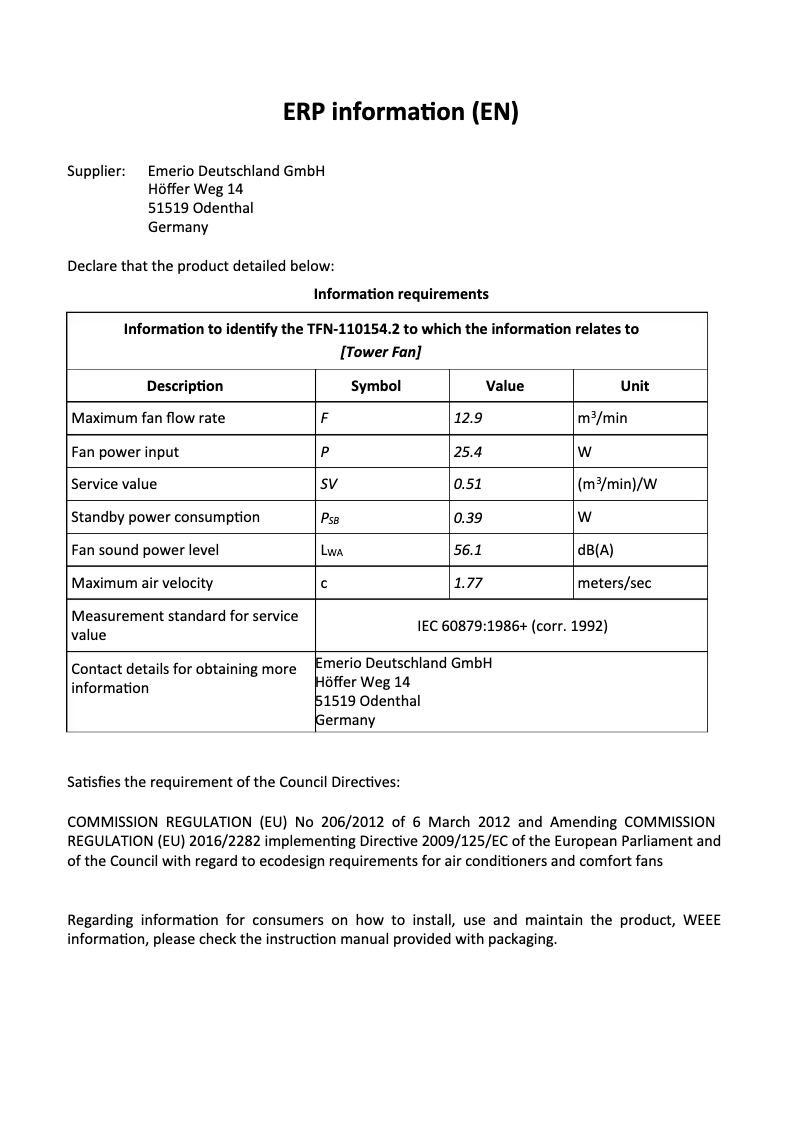Page 1 de la notice Fiche technique Emerio TFN-110154.2