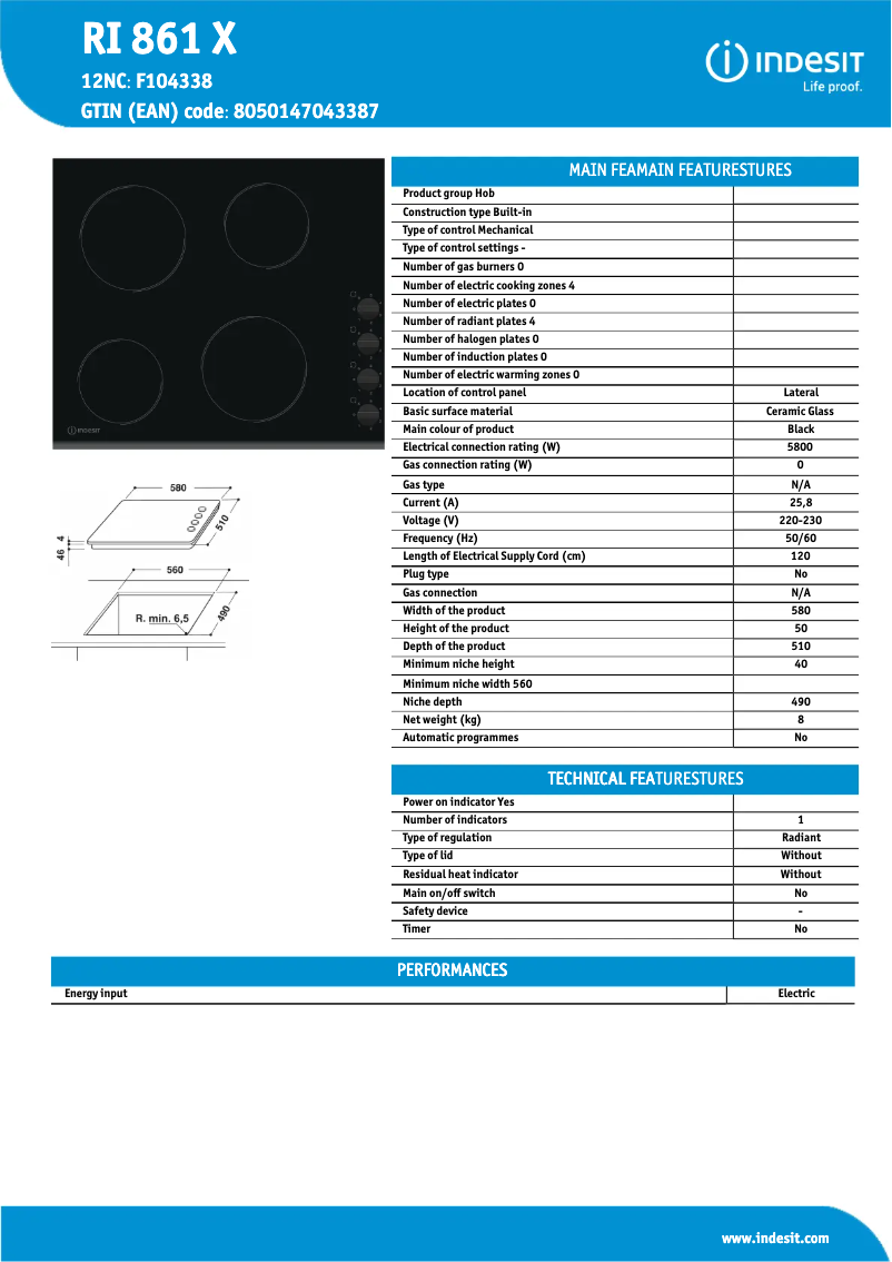 Page 1 de la notice Fiche technique Indesit RI 861 X