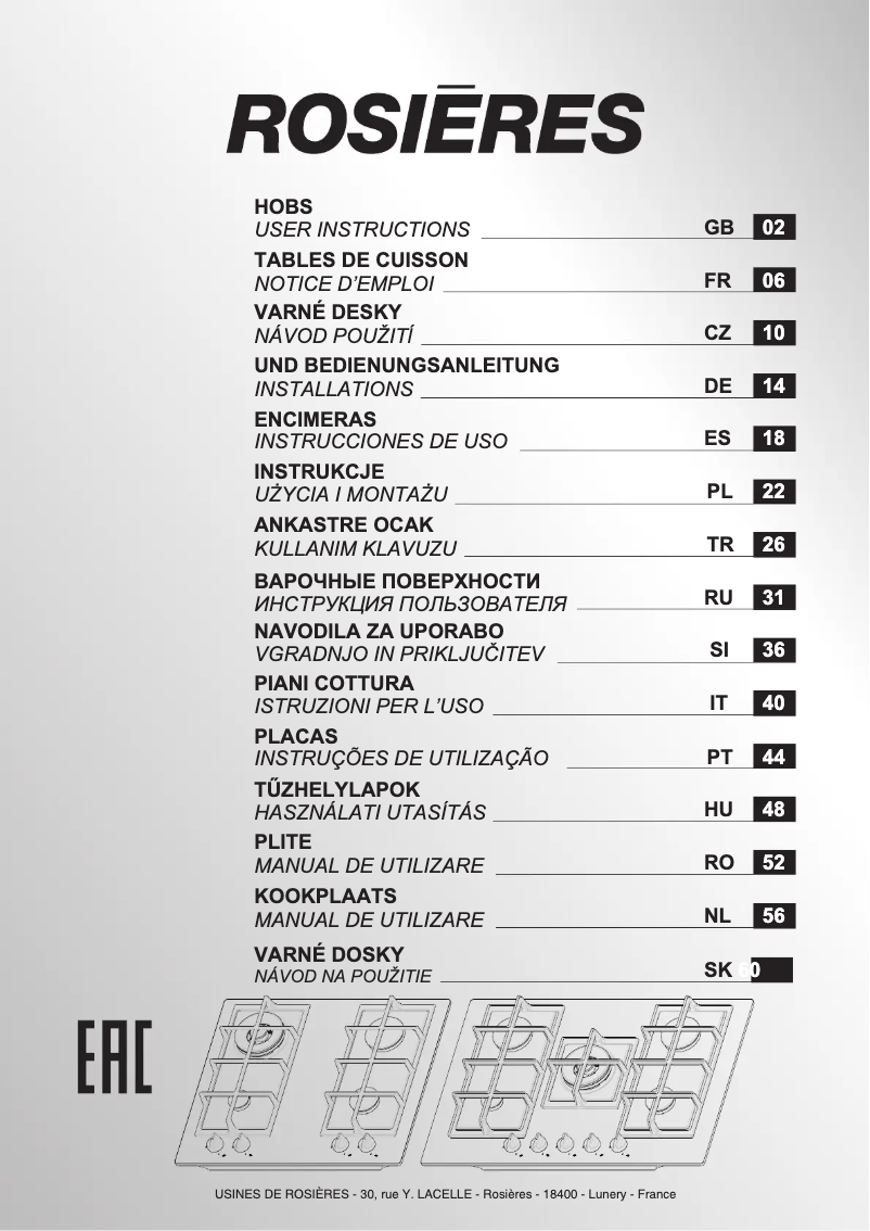 Página 1 del manual Manual de usuario Rosieres RVG6BR4SB1
