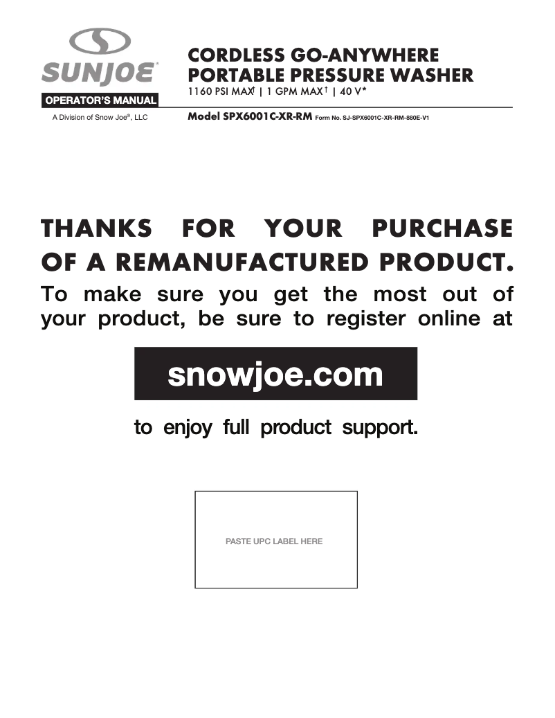 Page 1 de la notice Manuel utilisateur Sun Joe SPX6001C-XR-RM