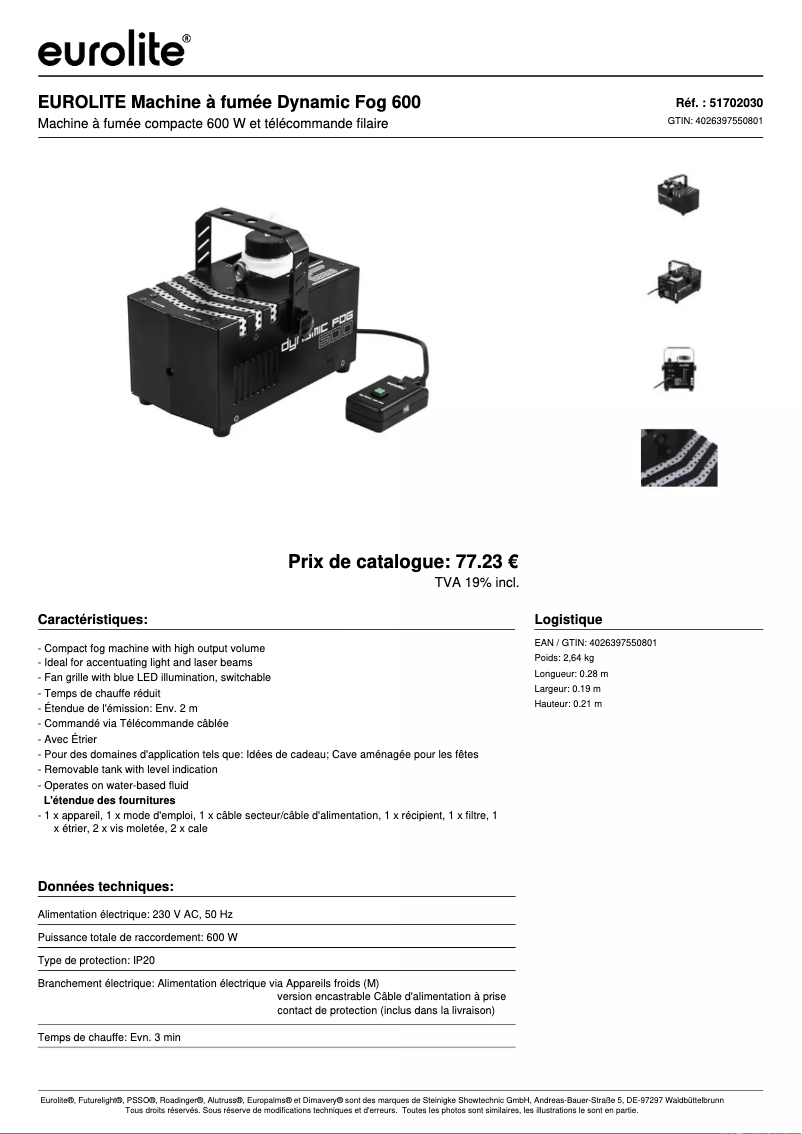 Page 1 de la notice Fiche technique Eurolite Dynamic Fog 600