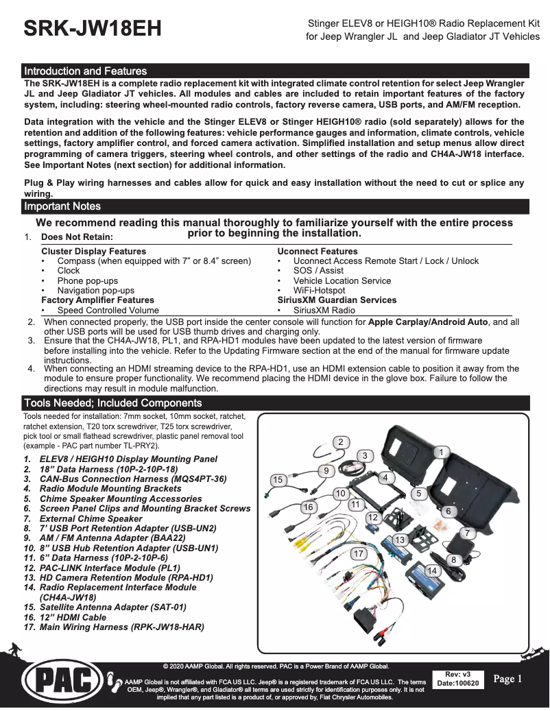 Page 1 de la notice Guide d'installation Stinger SRK-JW18EH
