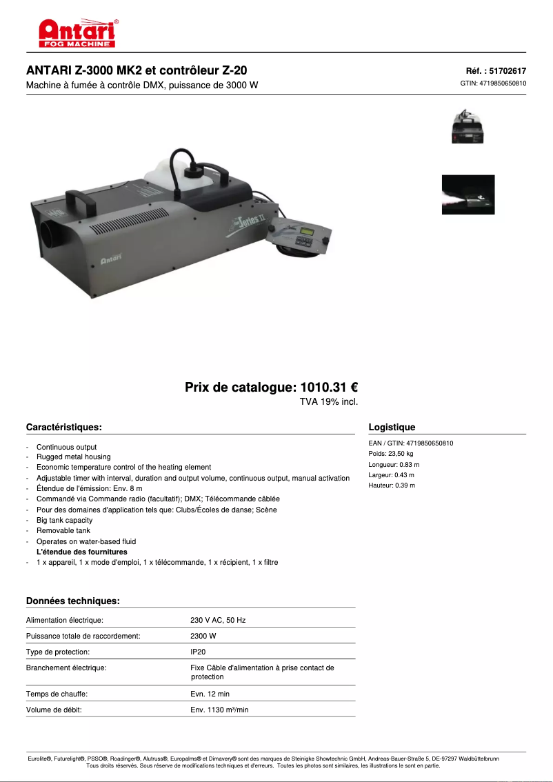 Página 1 del manual Ficha técnica Antari Z-3000 MK2