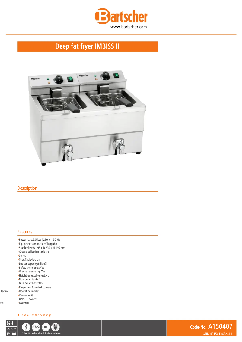 Página 1 del manual Ficha técnica Bartscher Imbiss II A150407
