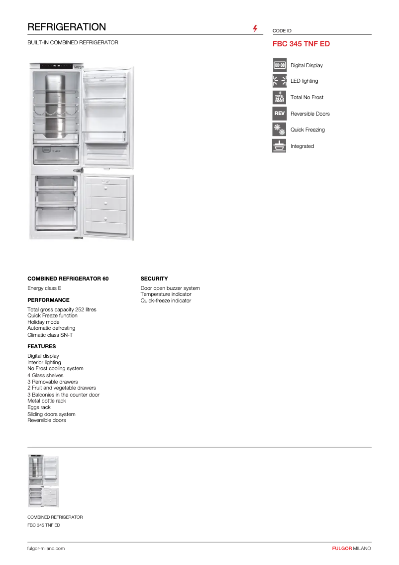 Page 1 de la notice Fiche technique Fulgor Milano FBC 345 TNF ED