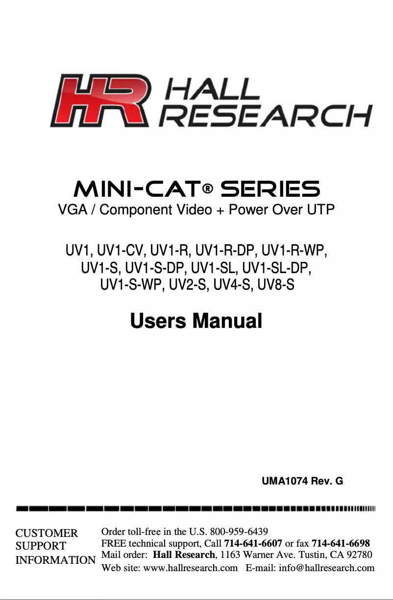 Page n°1 - Manuel utilisateur Hall Research UV1-SL