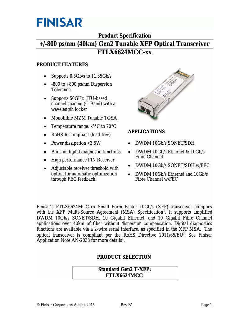 Page n°1 - Manuel utilisateur Finisar FTLX6624MCC