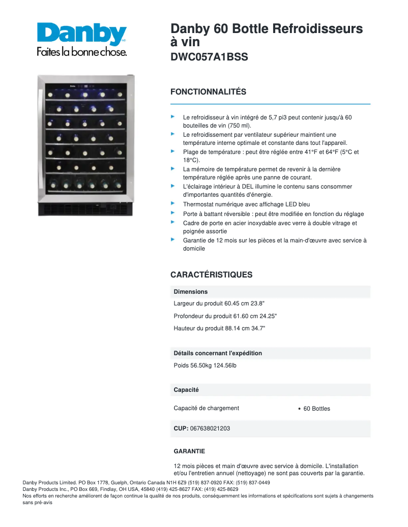 Page n°1 - Fiche technique Danby DWC057A1BSS