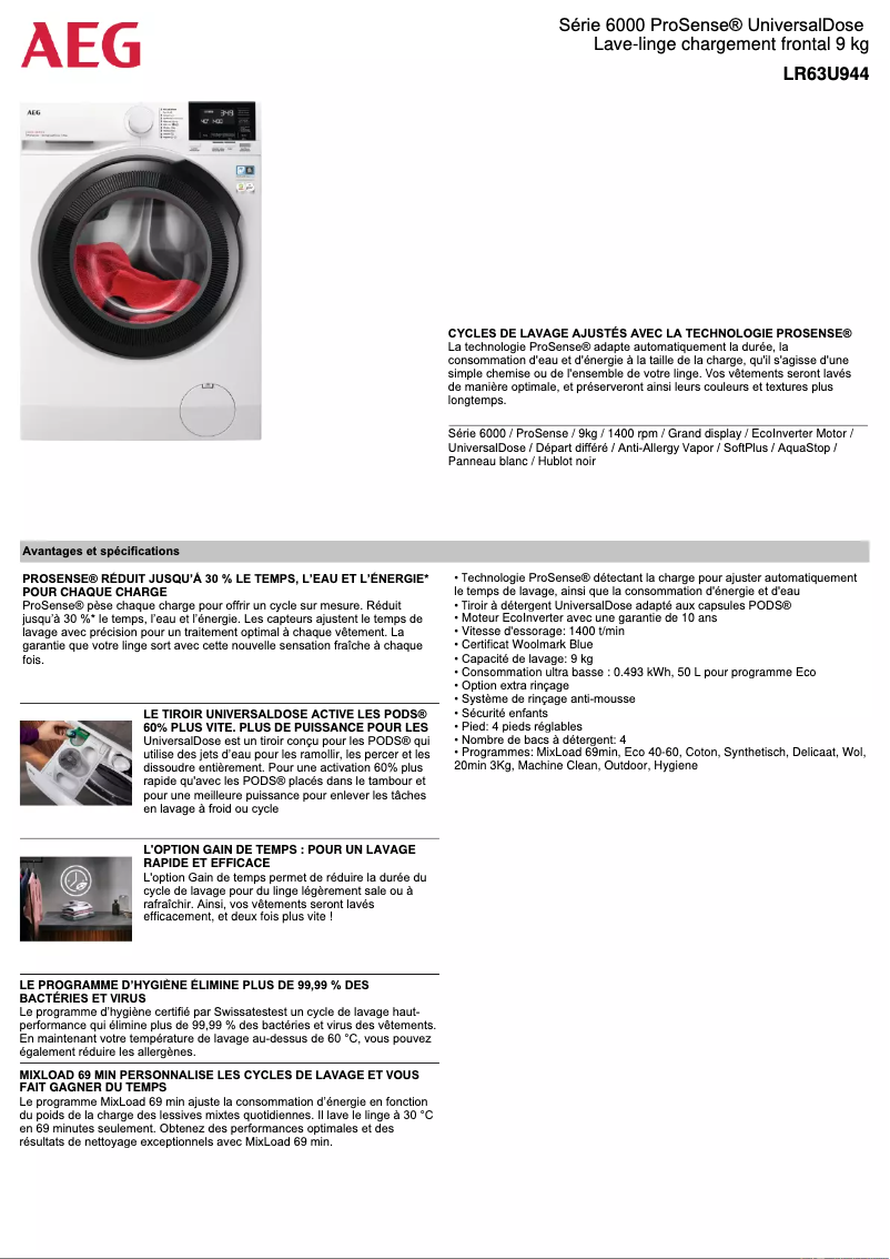 Page 1 de la notice Fiche technique AEG LR63U944