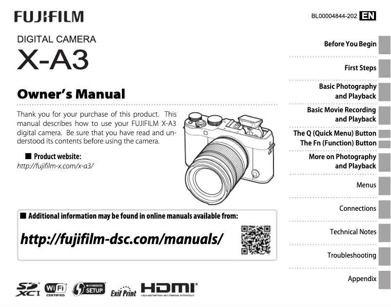 Image de la première page du manuel de l'appareil X-A3