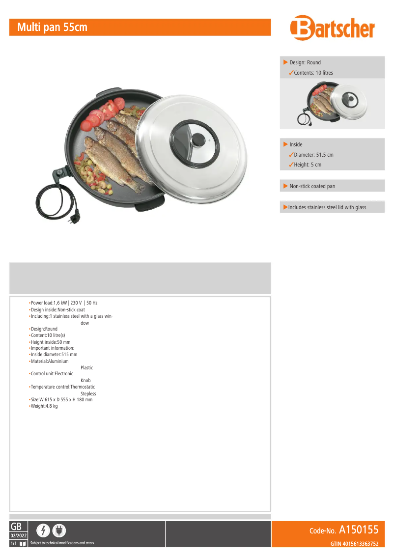 Page 1 de la notice Fiche technique Bartscher A150155