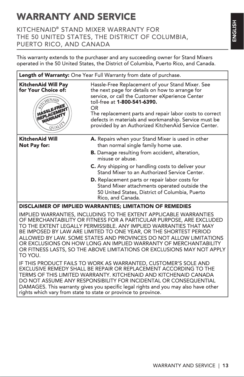 Page 1 de la notice Informations de garantie KitchenAid KSM3316XAV