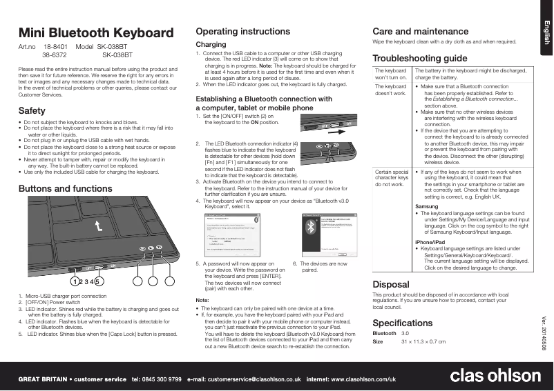 Page 1 de la notice Manuel utilisateur Clas Ohlson SK-039BT