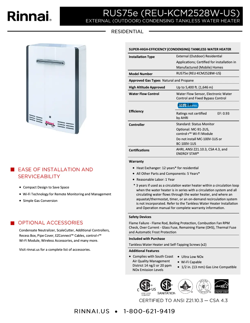 Page 1 de la notice Fiche technique Rinnai RUS75eP