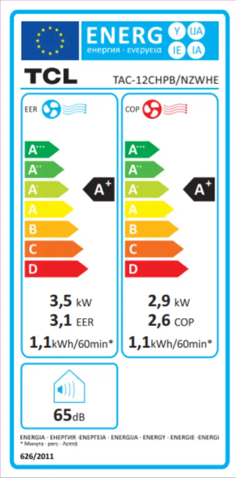 Page 1 de la notice Label énergétique TCL TAC-12CPB/NZW