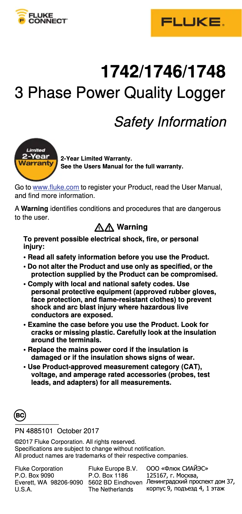 Page 1 de la notice Instructions de sécurité Fluke 1742