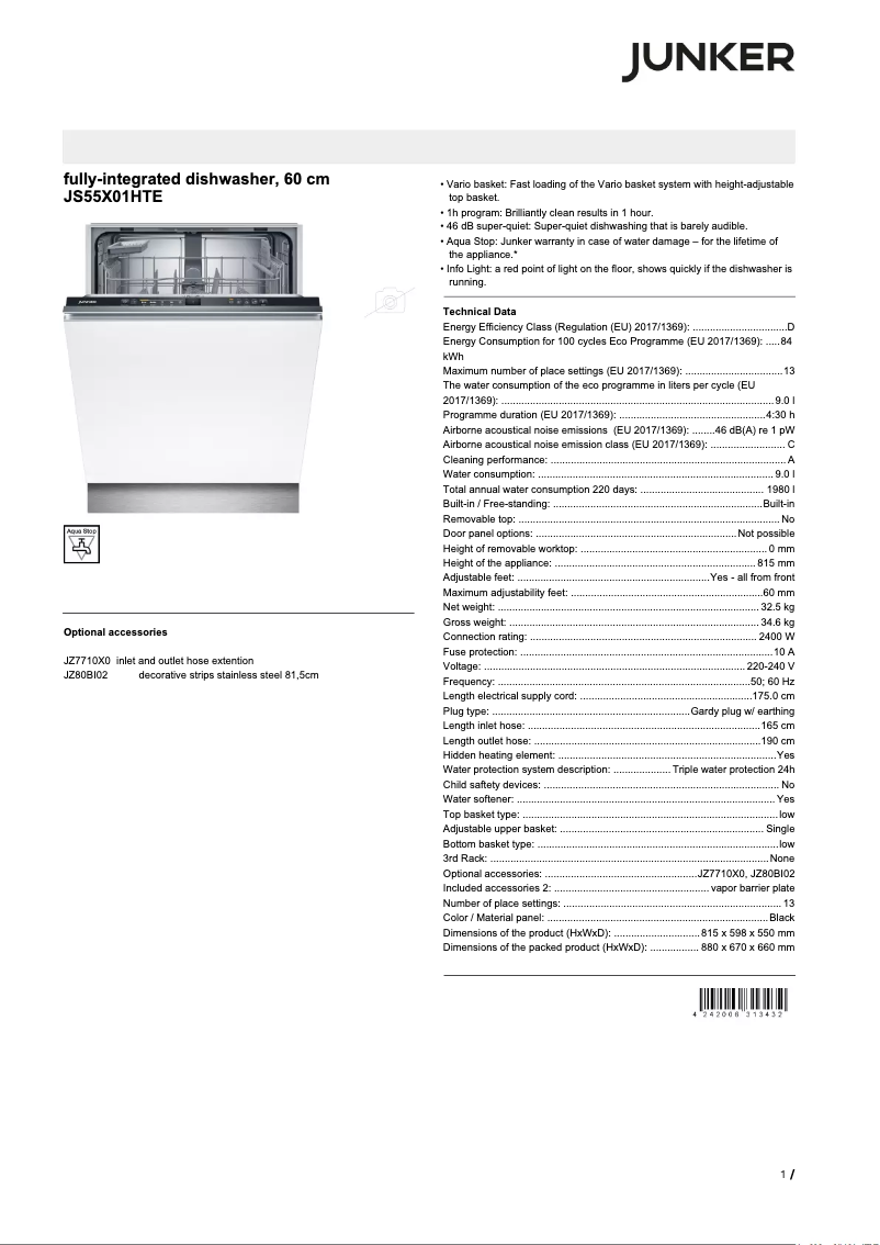 Page 1 de la notice Fiche technique Junker JS55X01HTE