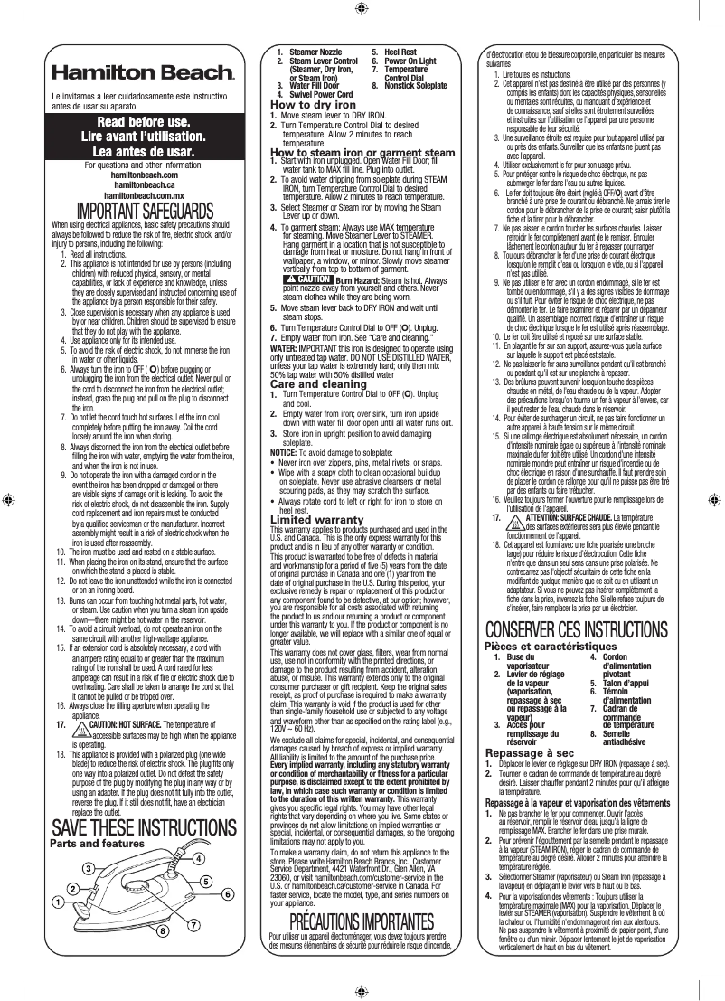 Page 1 de la notice Manuel d'utilisation et d'entretien Hamilton Beach 14525