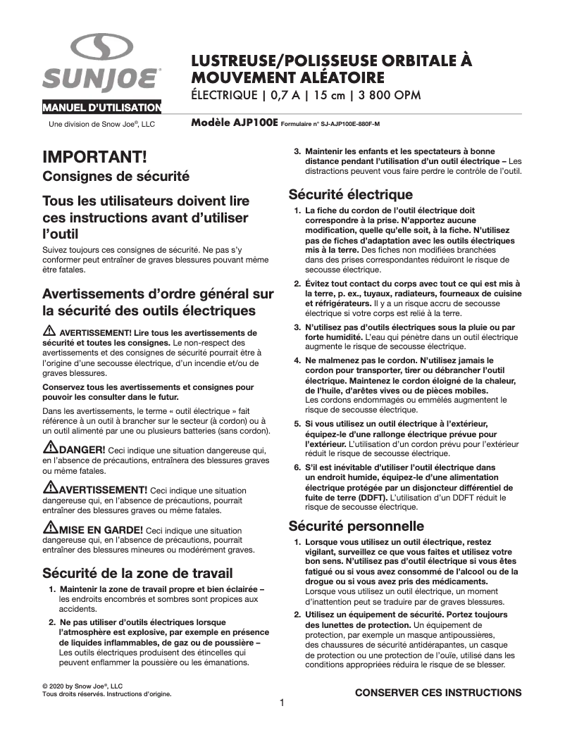 Page 1 de la notice Manuel utilisateur Sun Joe AJP100E