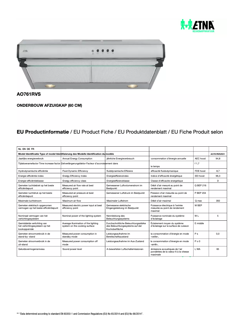 Page 1 de la notice Fiche technique Etna AO761RVS