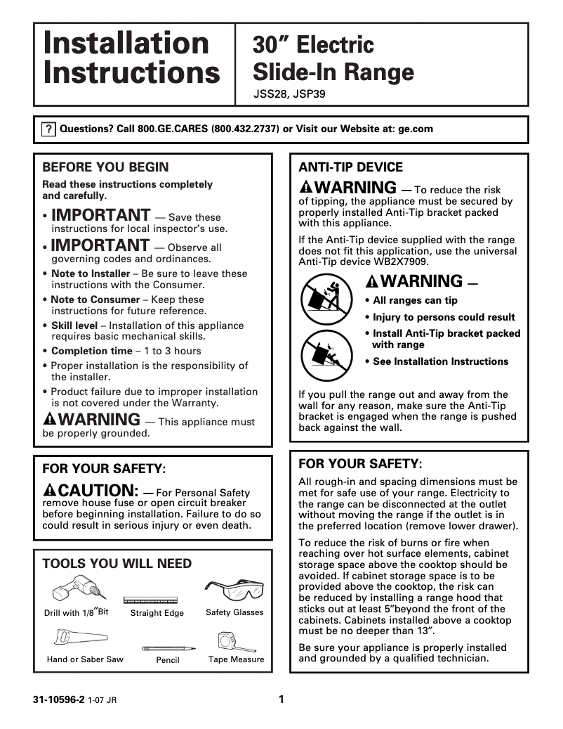 Page n°1 - Guide d'installation GE JSS28BKBB