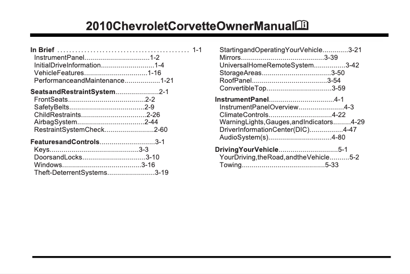 Image de la première page du manuel de l'appareil Corvette Convertible (2010)