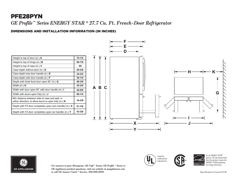 Page 1 de la notice Fiche technique GE Profile PFE28PYNFS