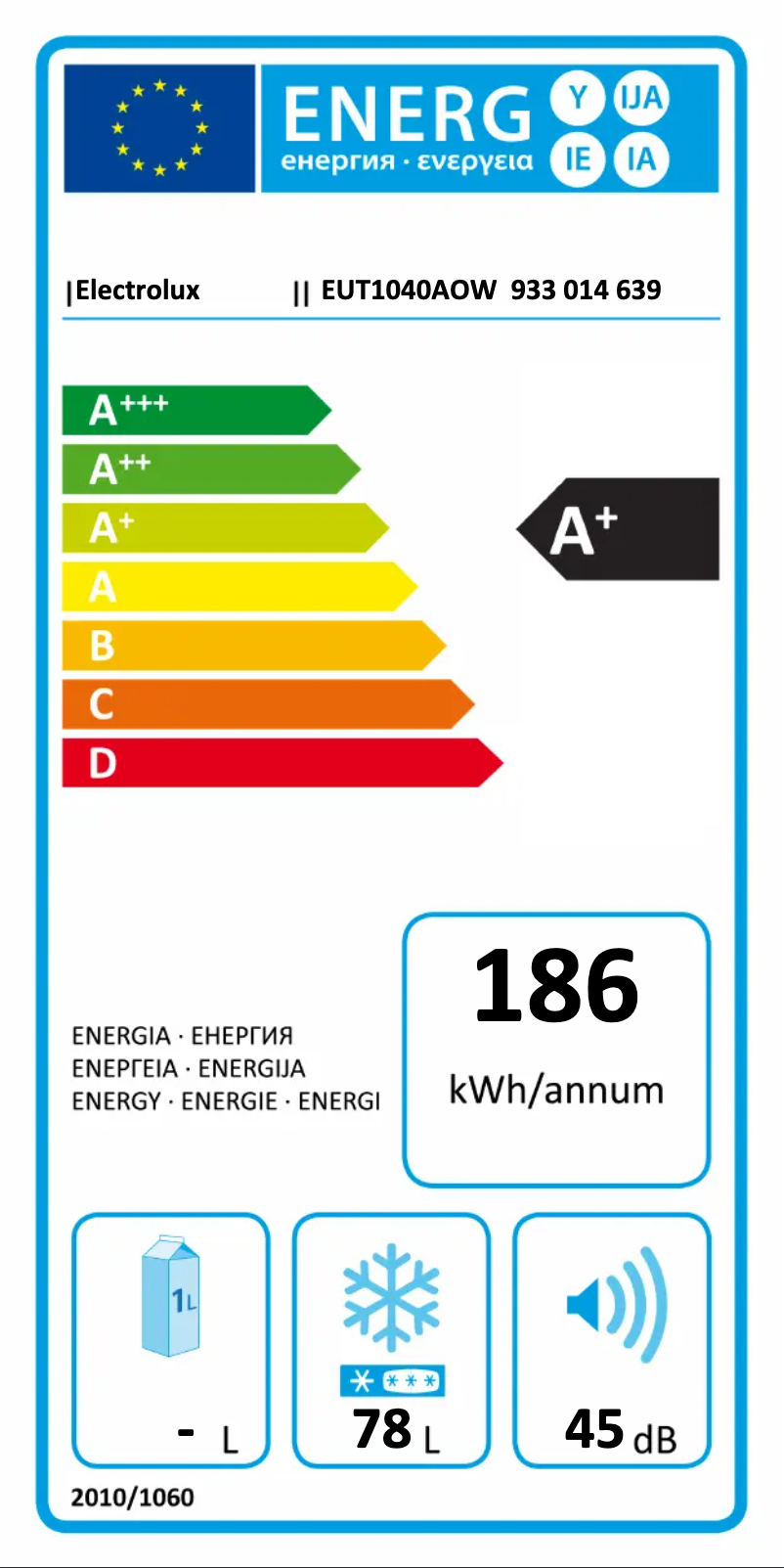 Page 1 de la notice Label énergétique Electrolux EUT1040AOW