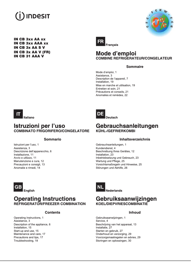 Page n°1 - Manuel utilisateur Indesit IN CB 31 AA V