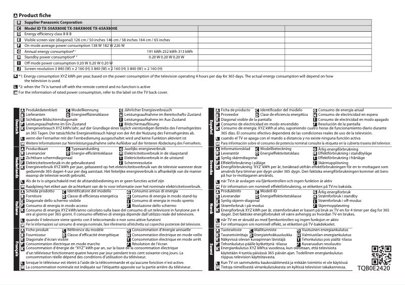 Page 1 de la notice Fiche technique Panasonic TX-58AX800E