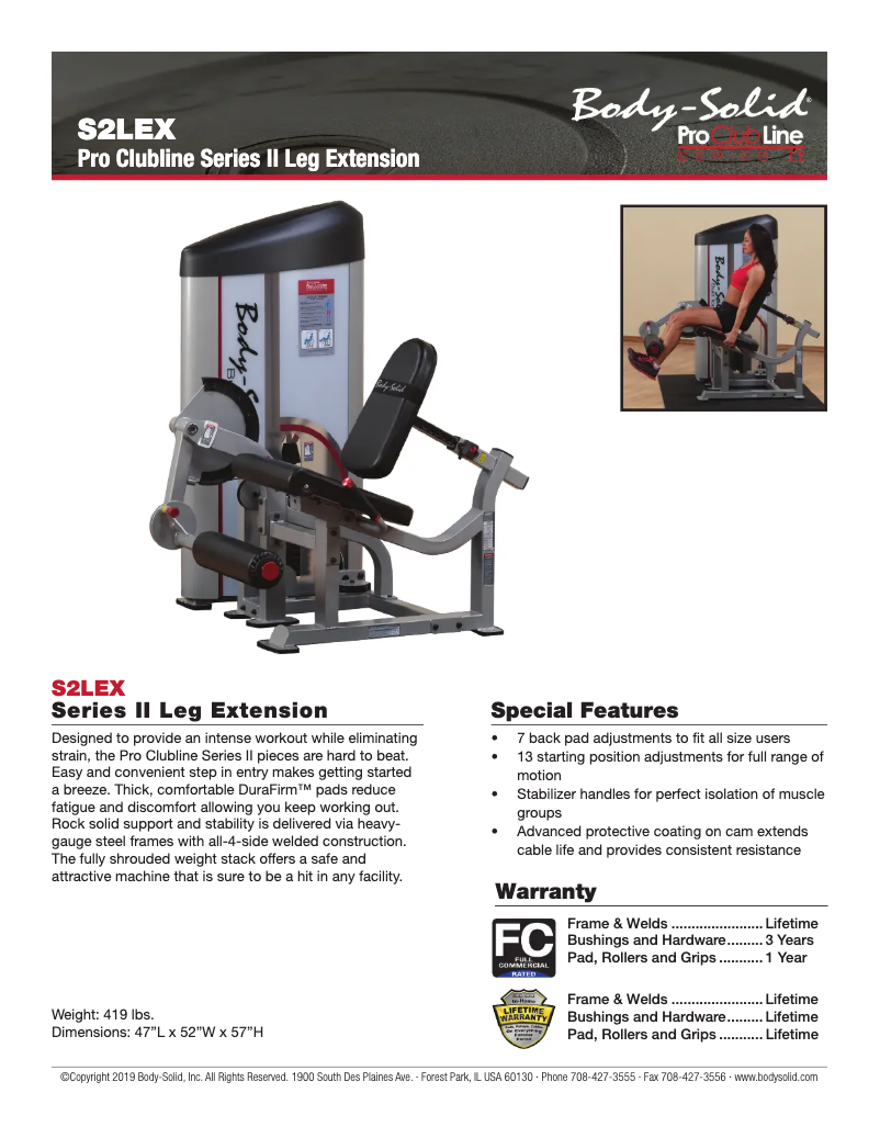 Page 1 de la notice Fiche technique Body-Solid S2LEX