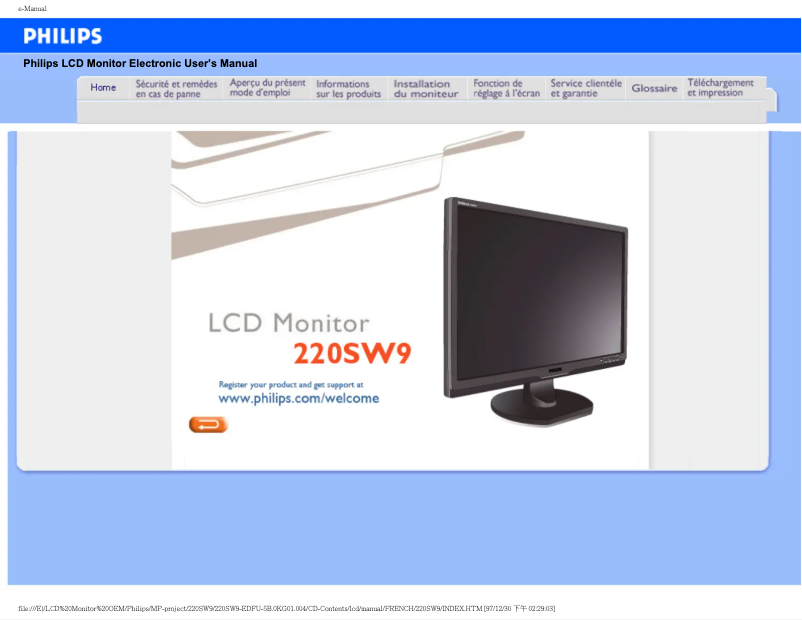 Page 1 de la notice Manuel utilisateur Philips Brilliance 220SW9FB