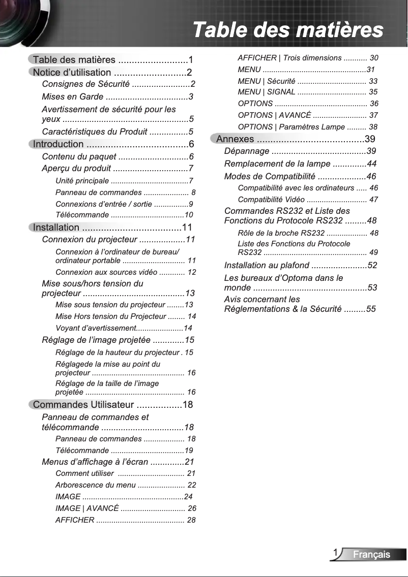 Page n°1 - Manuel utilisateur Optoma EW533ST