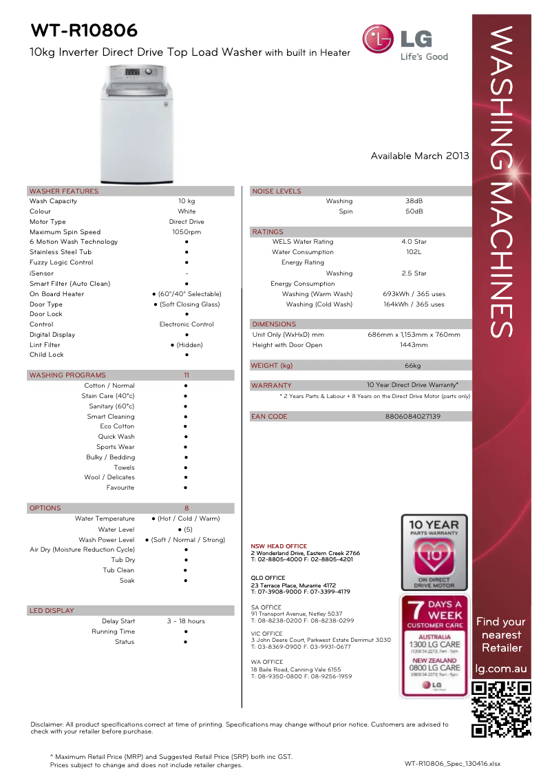 Page 1 de la notice Fiche technique LG WT-R10806